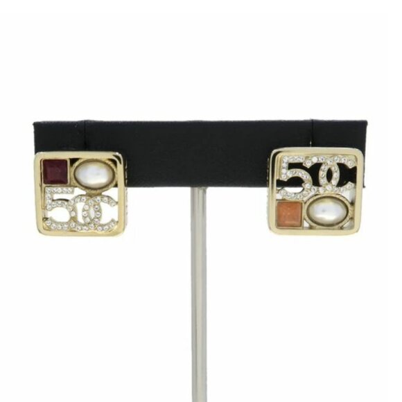 CHANEL CC Logos Rhinestone Pearl No.5 Square Stud Earrings Gold Tone - Picture 2 of 9